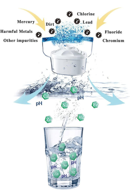 A visual diagram of an alkaline water filter process. The image illustrates how the filter removes contaminants such as chlorine, fluoride, lead, mercury, chromium, dirt, harmful metals, and other impurities from water. At the same time, it enriches the water with essential minerals like calcium (Ca), potassium (K), sodium (Na), magnesium (Mg), zinc (Zn), and iron (Fe), while balancing the pH level. The final result is shown as clean, mineral-rich, and pH-balanced water pouring into a glass.