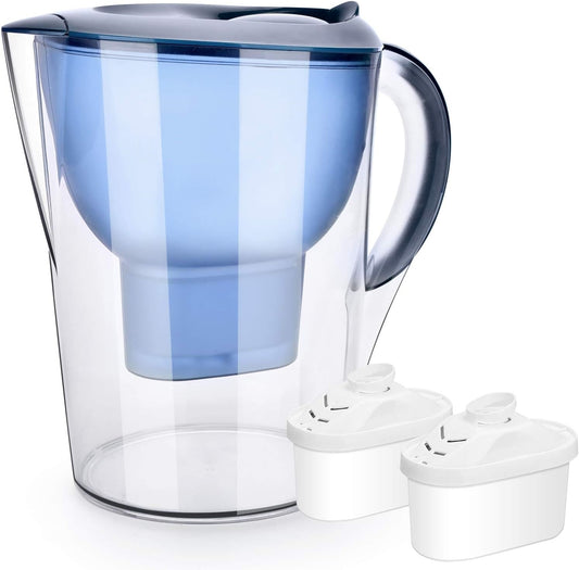 A sleek alkaline water filter pitcher with a transparent body and blue-tinted inner components, designed for filtering and alkalizing water. The pitcher is accompanied by two replacement filter cartridges, placed beside it, showcasing its functionality and ease of use for providing cleaner, pH-balanced drinking water. Ideal for home use to improve water quality and promote better hydration.