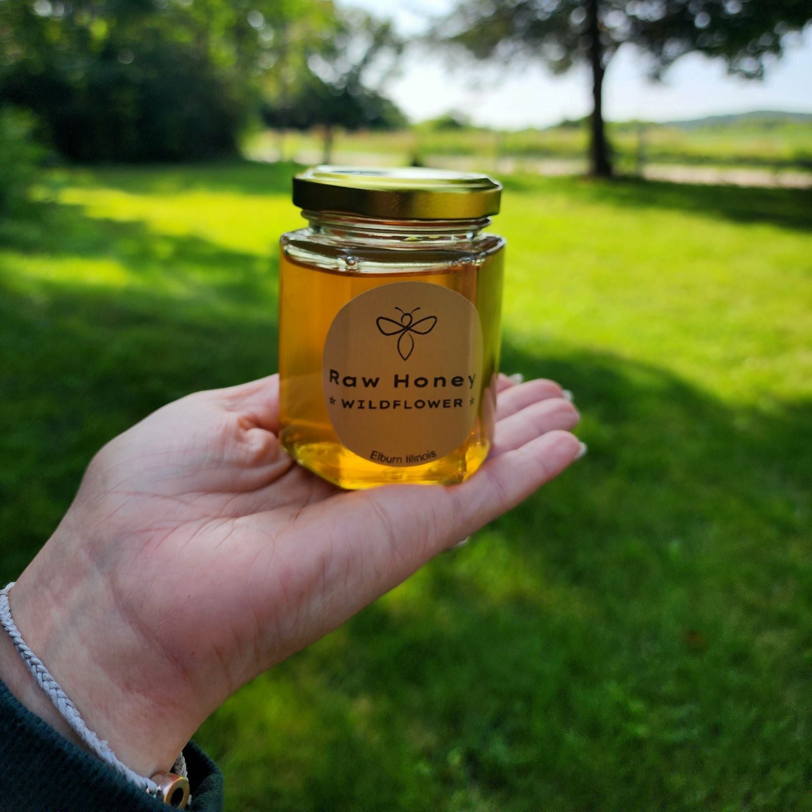 A 10 oz jar of Wildflower Raw Organic Honey is displayed in a hand against a vibrant green outdoor background. The jar features a golden lid and a label that reads 'Raw Honey Wildflower' from Elburn, Illinois. The golden honey glows in the natural light, reflecting its purity and freshness.
