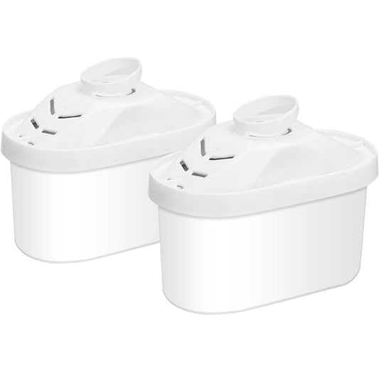 Two white alkaline water filter cartridges designed to enhance water quality by increasing alkalinity and reducing impurities. The filters feature a sleek, compact design with ventilation slits for efficient filtration and easy installation. Ideal for home or office use to provide cleaner, healthier, and pH-balanced water.